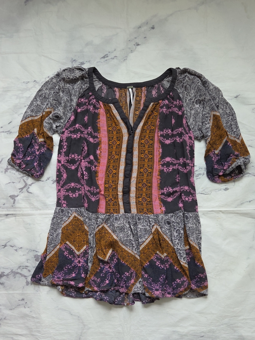 Free People Boho Patchwork Peasant Cold Shoulder Blouse/Tunic